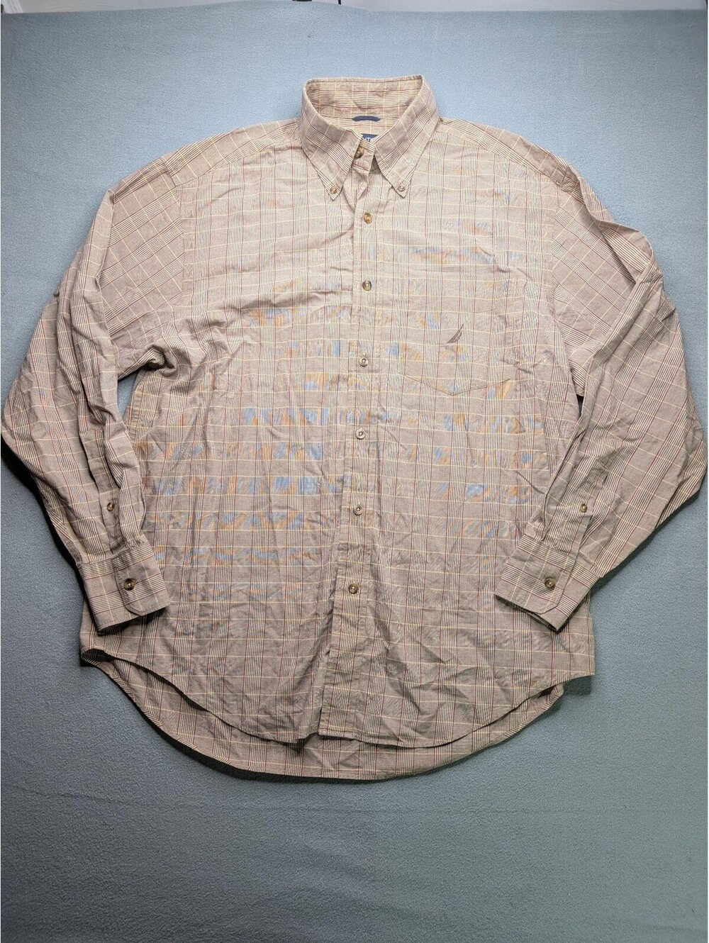 Nautica Shirt Mens M Beige Plaid Button Front Long Sleeve Logo Pocket Casual
